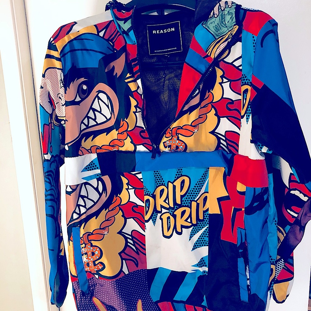 REASON COMIC STRIP PULL OVER WINDBREAKER JACKET SIZE MEDIUM